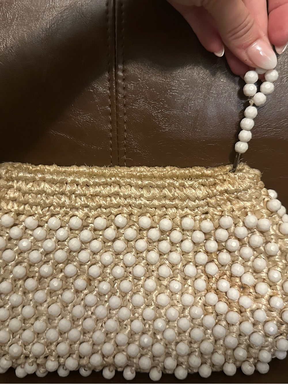 Vintage Cream Woven Beaded Raffia Wristlet Clutch - Picture 3 of 11